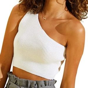 SheIn White One Shoulder Stretchy Ribbed Knit Crop Top
